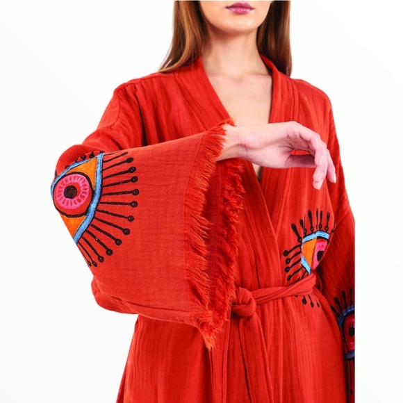 Cotton Robe Turkish - Red - Handmade Evil Eye Pattern Soft And Lightweight - Picture 2 of 2
